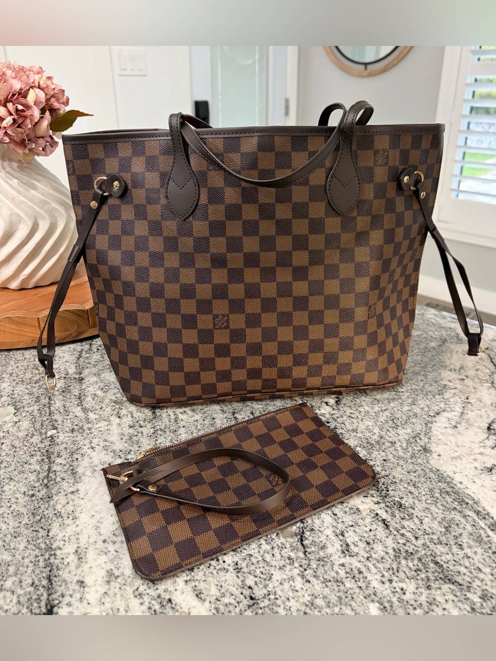 Brown Checker Canvas Tote Bag with Wristlet